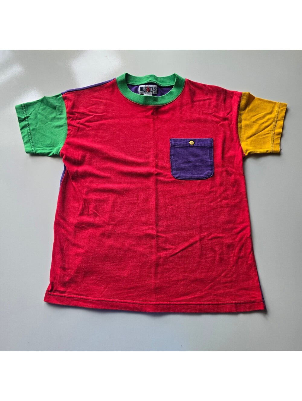 Vintage 90s Blue Star Colorblock Pocket T-Shirt Kids Youth Medium 10 Red